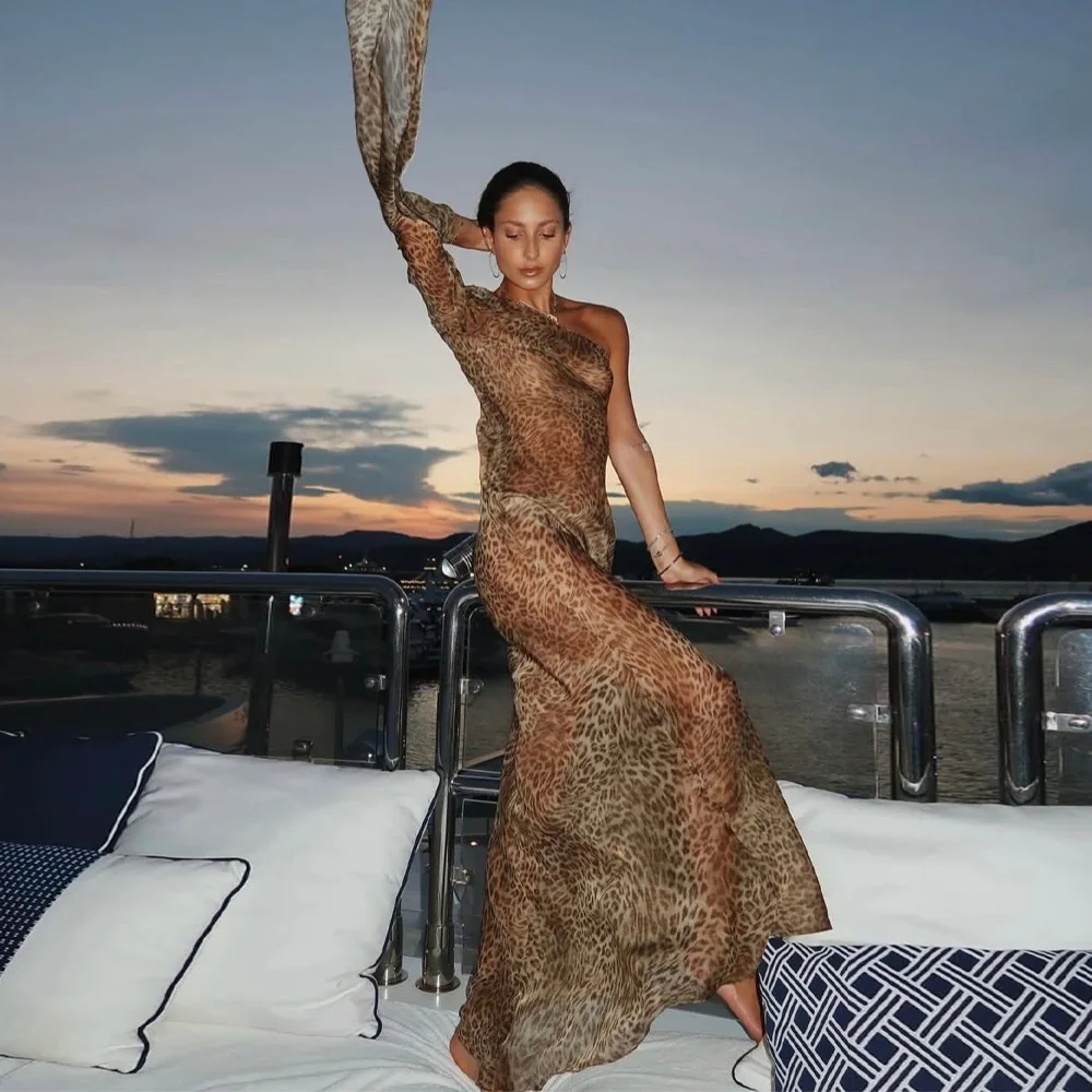DSMTRC Abiti lunghi sexy da donna con spalle inclinate e schiena scoperta per le vacanze al mare Club 2025 Abito lungo con stampa leopardata con una spalla