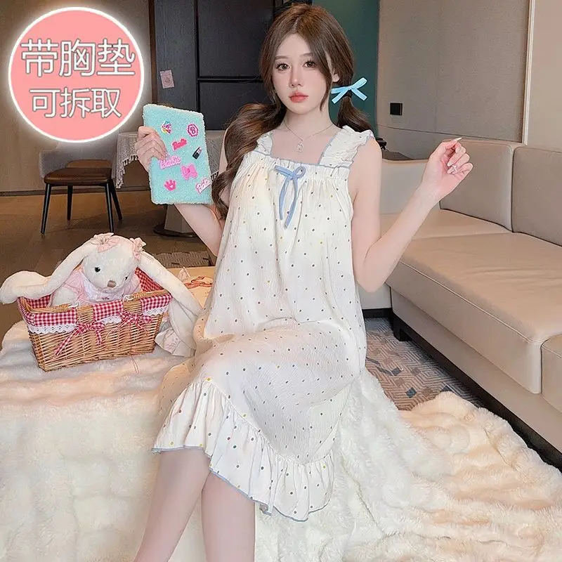 M-5XL Baju Tidur Wanita Ukuran Besar dengan Bantalan Dada Piyama Longgar Anak Perempuan Gemuk Musim Panas Wanita Gaun Panjang Sedang Tanpa Lengan Baju Rumah