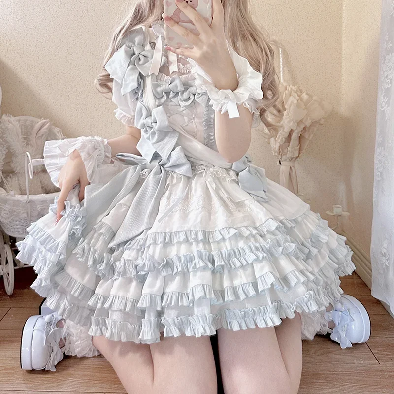 Sweet Idol-vestido de encaje de estilo Lolita Jsk para mujer, traje elegante de encaje de ensueño japonés con tirantes para fiesta, vestidos femeninos de manga corta de dibujos animados Retro Victoria