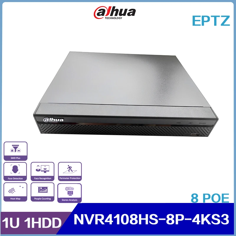 

Dahua 8ch 8 Poe-ports Compact 1U 1HDD LiteNetwork Video Recorder NVR4108HS-8P-4KS3, Support AI Function