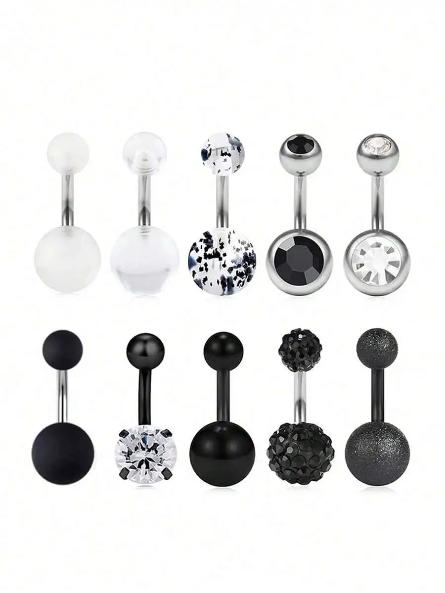 

10pcs Stainless Steel Navel Rings For Women With Mixed CZ, Matte, Glitter And Patterned Ball Charms Body Jewelry Set
