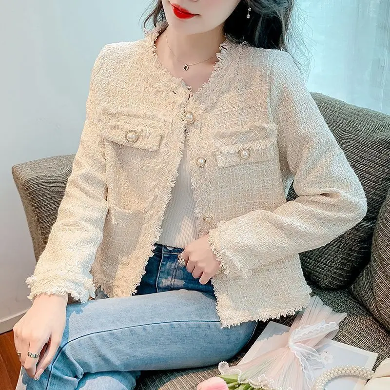 Women Clothing Round Neck Long Sleeves Wool Coat Single-breasted Tweed Jacket Korean Fashion Crop Tops Spring Autumn Outerwear