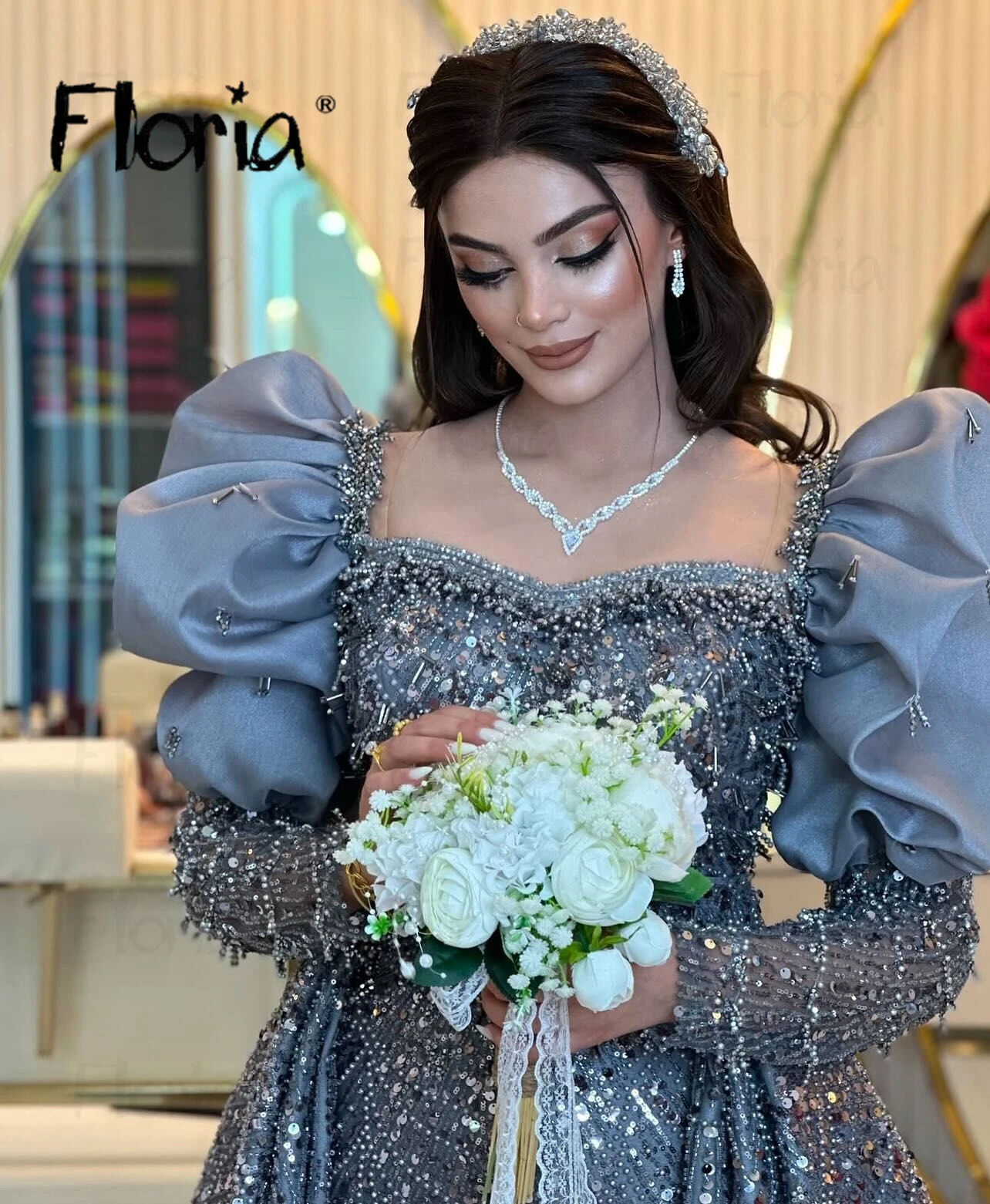 Satin Gray Prom Dress With Overskirt Puffy Sleeve Mother of Bride Long Evening Dress Beading Wedding Guest Event Gown Customize