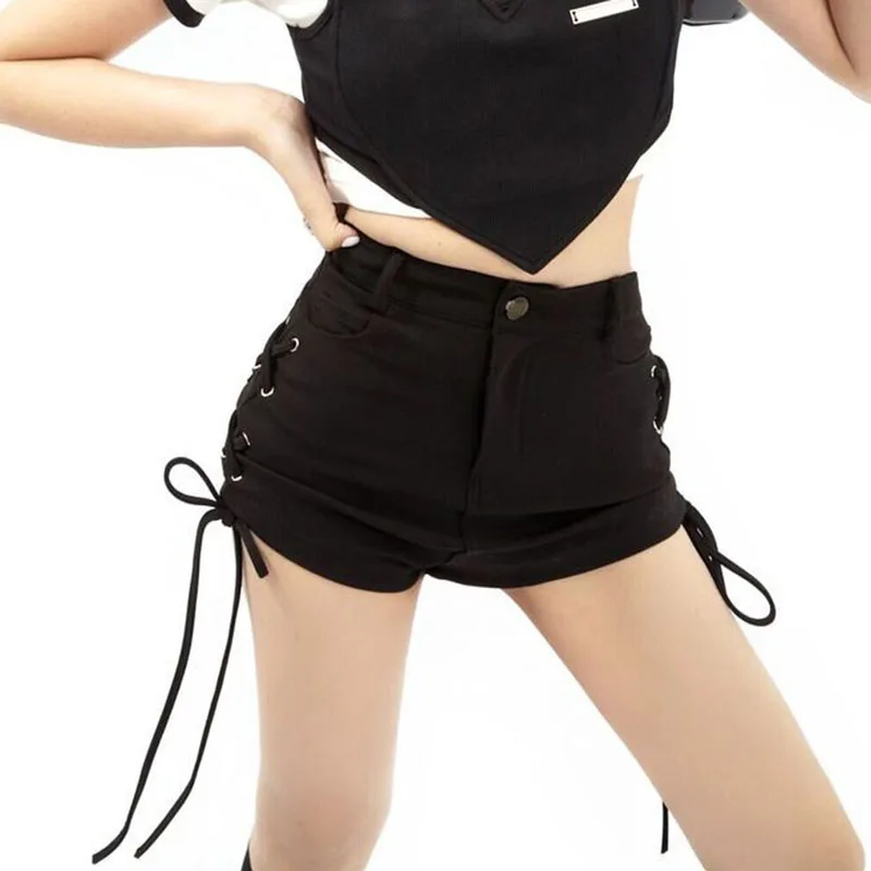 

Летние женские шорты с высокой талией, утягивающие, в стиле панк-готика, с крестообразной шнуровкой, Y2K, черные, в стиле Харадзюку, уличная мода