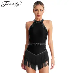 Women Tassel Fringe Latin Dance Leotard Dresses Rhinestone Dancing Competition Cha-cha Ballroom Dance Costume Cocktail Dress