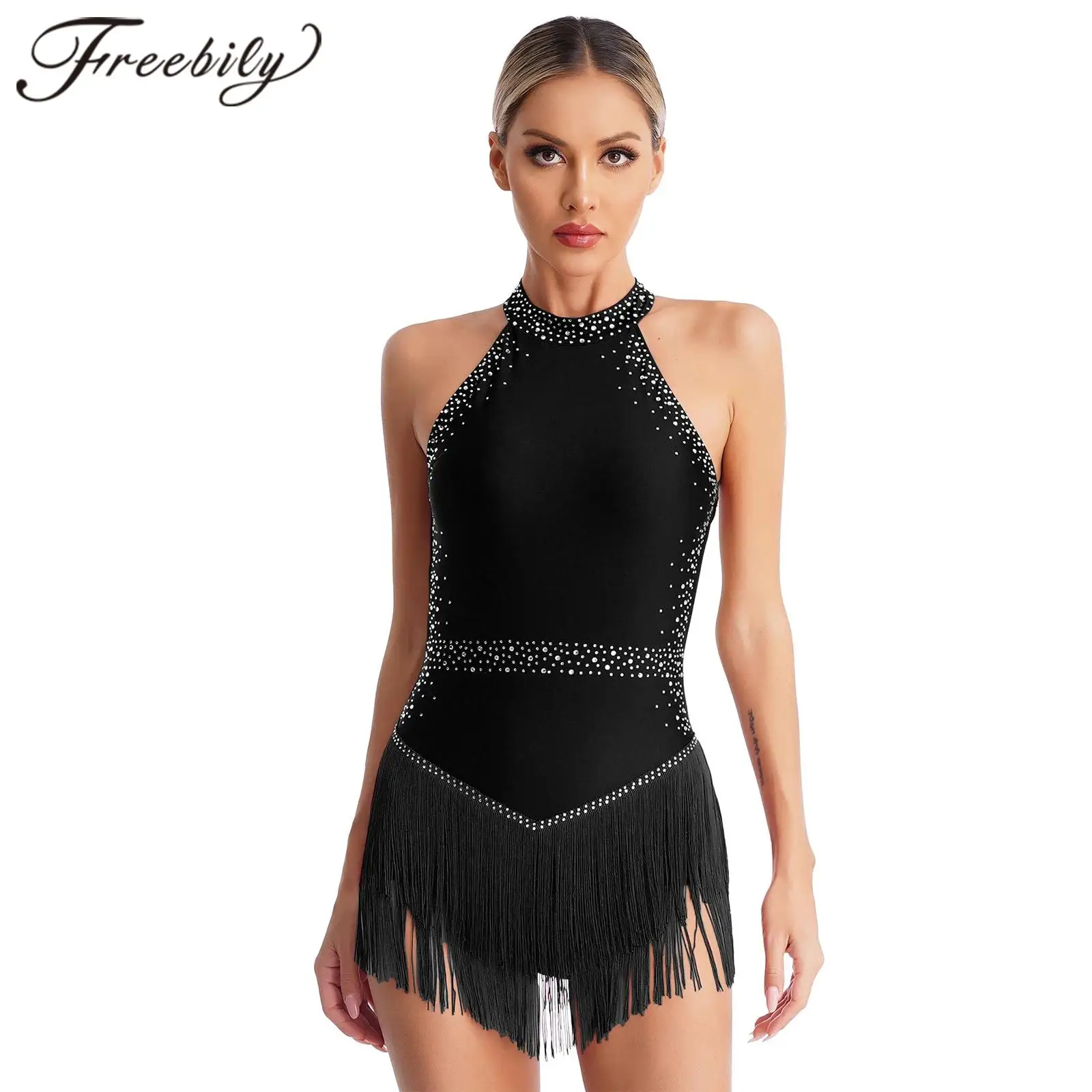 Women Tassel Fringe Latin Dance Leotard Dresses Rhinestone Dancing Competition Cha-cha Ballroom Dance Costume Cocktail Dress