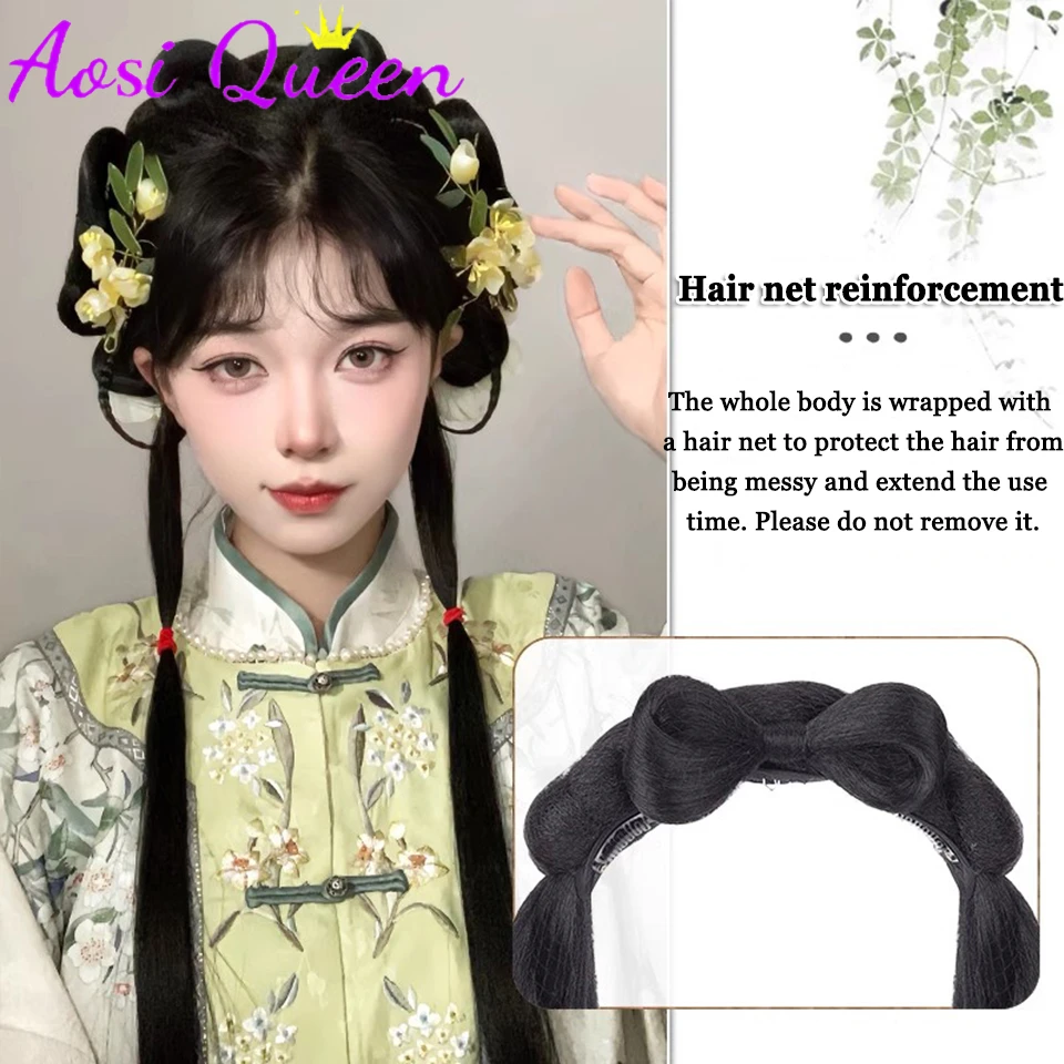 AOSI Synthetic Hanfu Wig Ancient One-Piece Hairband Bun Hair Accessory Daily Pad Hair Pack with Butterfly Knot for Cosplay