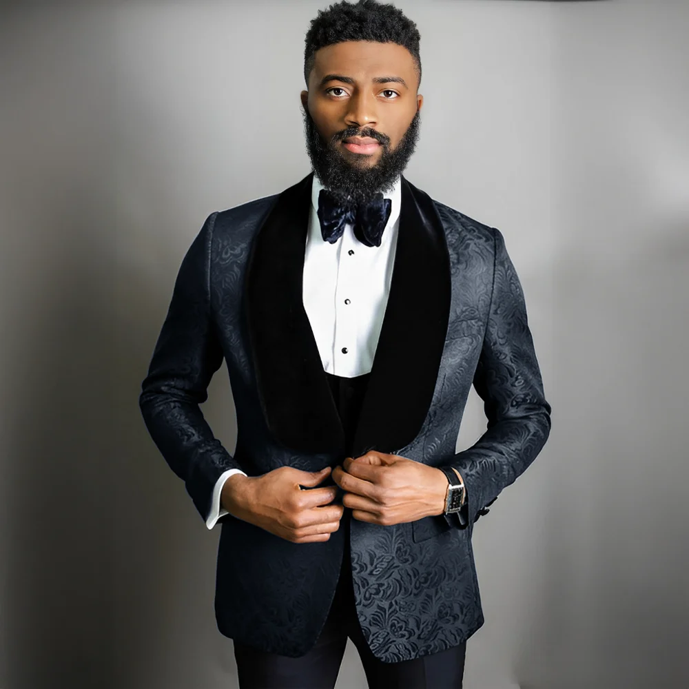 One Button Men Suits Black Pattern Groom Tuxedos Shawl Velvet Lapel Groomsmen Wedding Best Man ( Jacket+Pants+Vest+Tie )