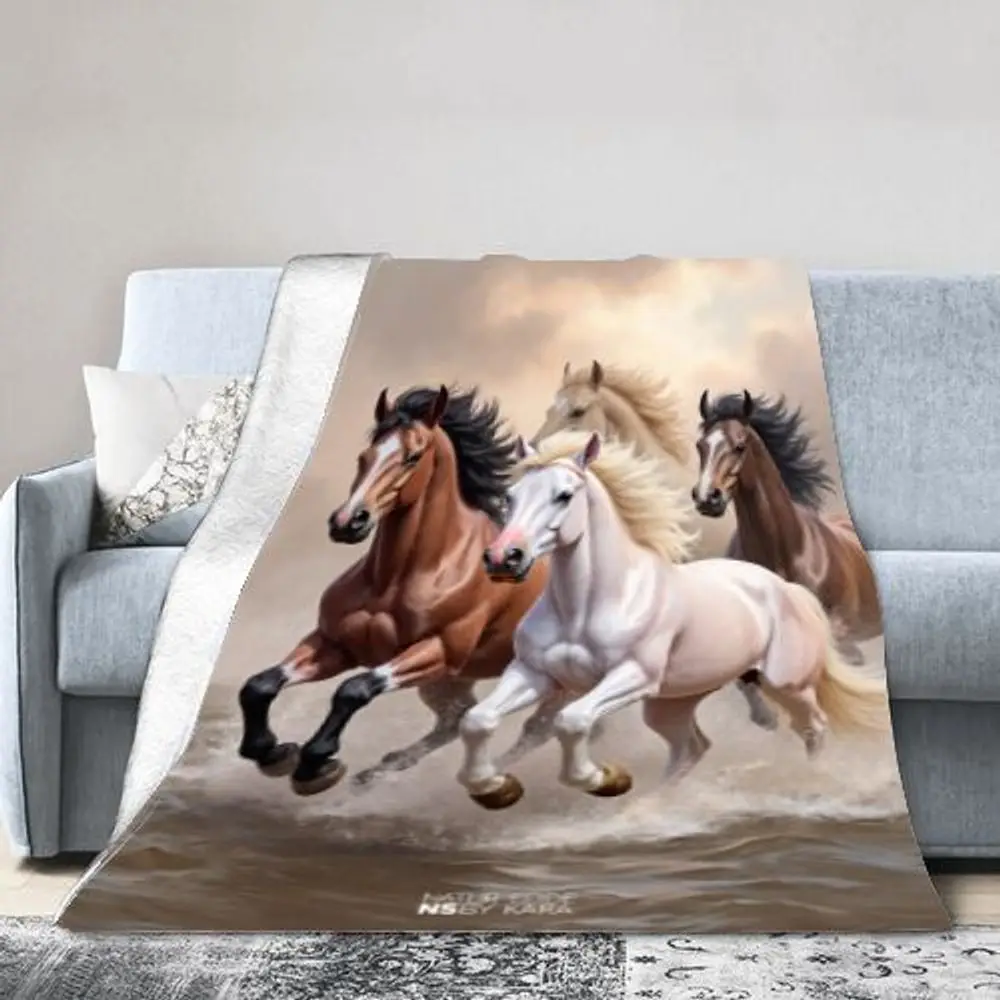 Majesticas mantas de caballos galopantes: impresionante obra de arte de cuatro caballos que salvan a través del agua, diseño realista con cepillo suave
