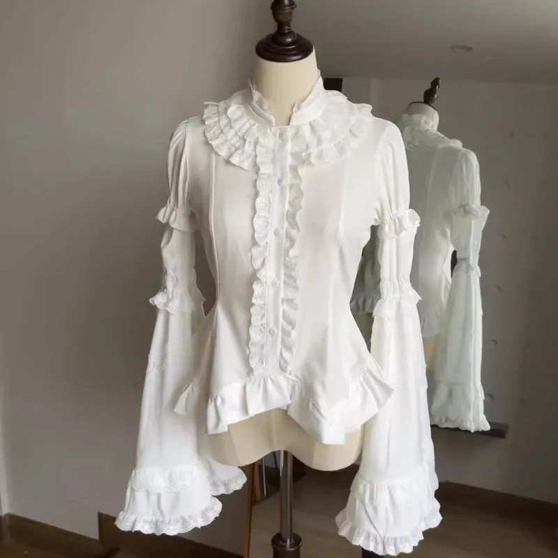 Summer Gothic Lolita Blouse Women Y2K Sweet Classic Slim Fit White Black Base Shirt Elegant Fashion Puff Sleeve Tops Chic New