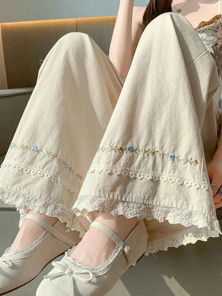 

Корейские женские летние повседневные брюки с высокой талией, прямые, свободного кроя, широкие, длиной 7/8, с кружевной отделкой, эффект потертости