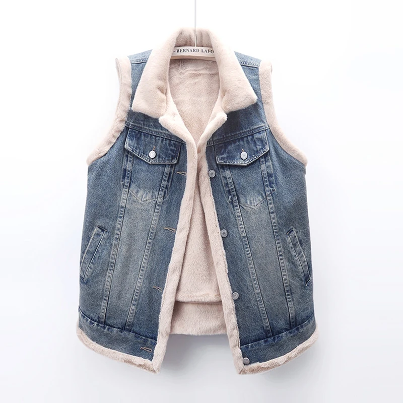 

High Quality Warm Faux Lambswool Liner Denim Vest Light Blue Black Women Loose Lapel Single Breasted Sleeveless Cowboy Waistcoat