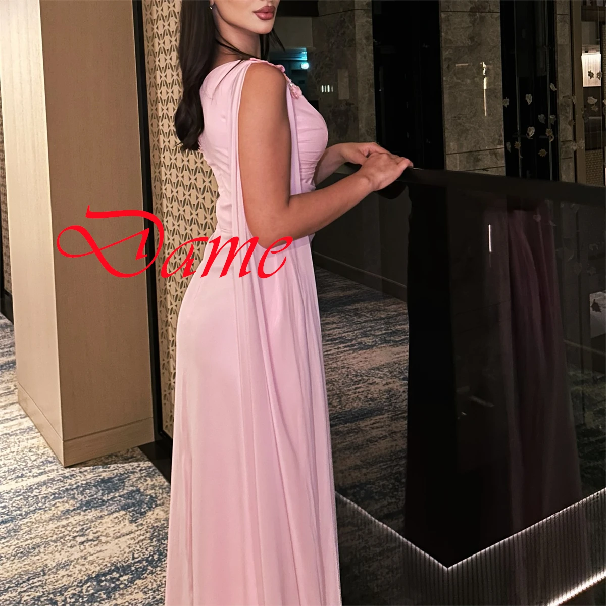 Customized Modern light pink Chiffon Evening Dress Simple Sweetheart Cap Sleeve Prom Dress Ribbon Party Dress Zipper Back