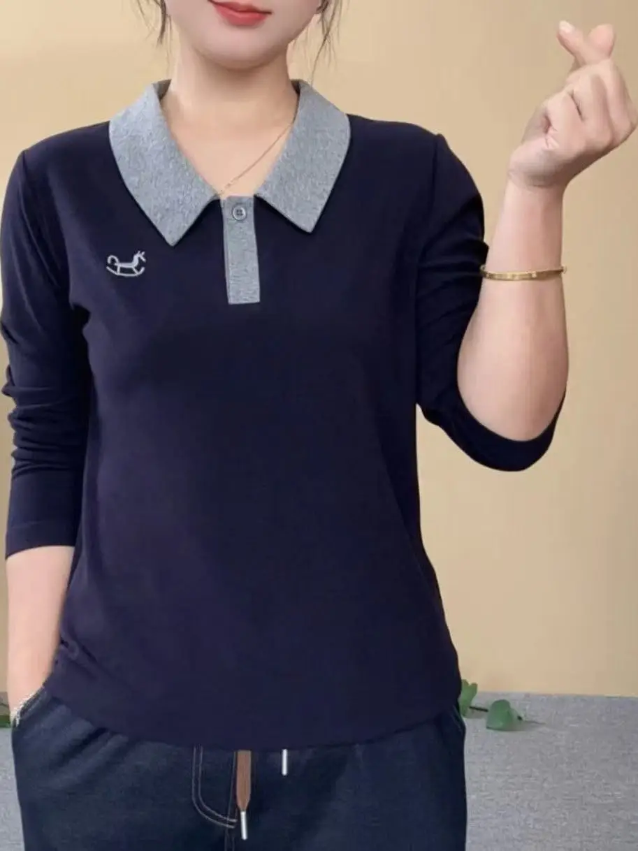 

Повседневная свободная блузка из смесового хлопка с вышивкой и эффектом похудения, модный дизайн с контрастным воротником для женщин