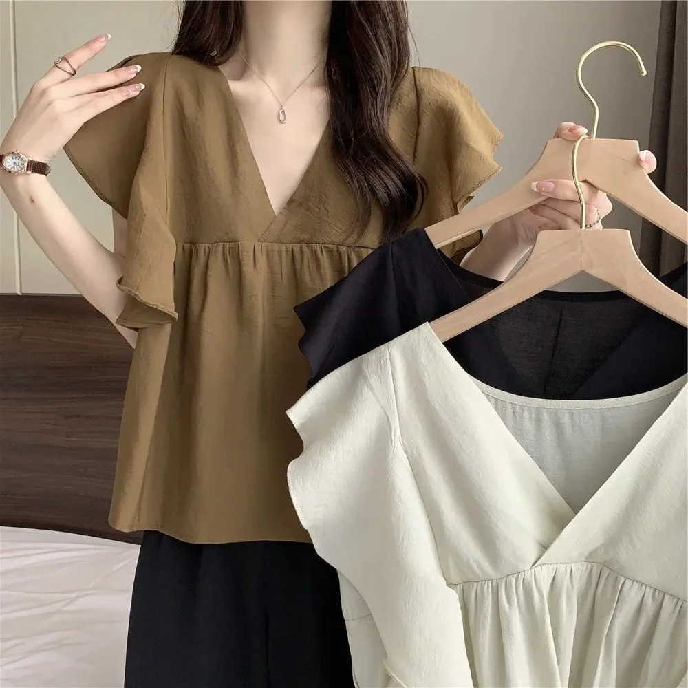 

Женская летняя рубашка больших размеров, свободная, с V-образным вырезом, коротким рукавом, шифоновый топ с рукавами-крылышками, модный корейский стиль и Pear B...