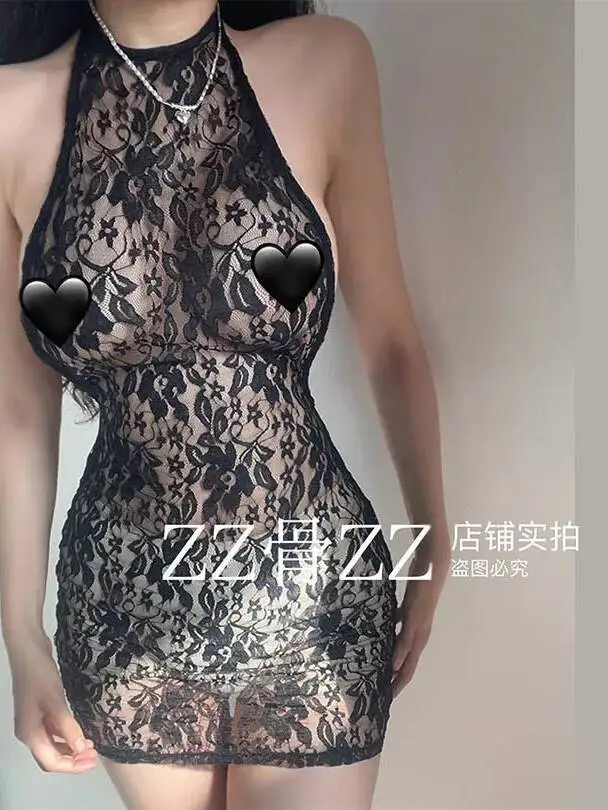 WOMENGAGA dentelle transparente pure épicé fille col suspendu dos nu plage discothèque robe élégante épices filles hauts 2024 nouveau 80IS