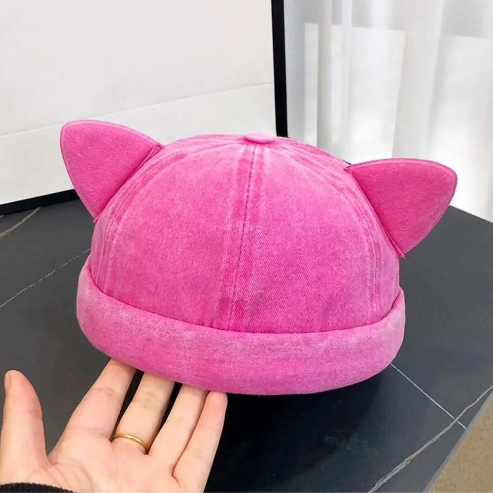 Fashion Cute Cat Ears Brimless Hat Adjustable Washed Old Solid Color Beanie Hat Breathable Sweet Basin Hat Outdoor