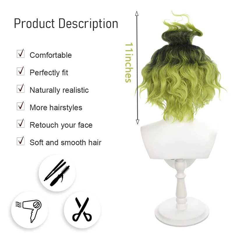 30cm Black Green Ombre Short Curly Cosplay Wig with Top Knot Spiky Fluffy Anime Heat Resistant Wig For Halloween Comic Con Party