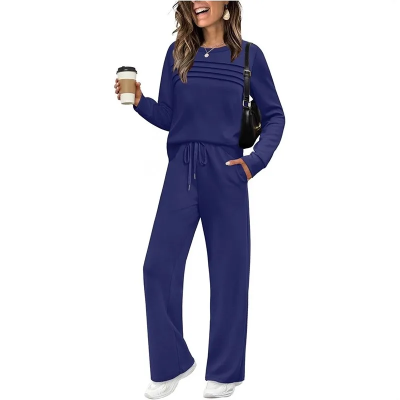 Conjuntos de duas peças femininas novo outono terno de manga longa o pescoço superior casual calças de cintura elástica calças de perna larga terno roupas femininas