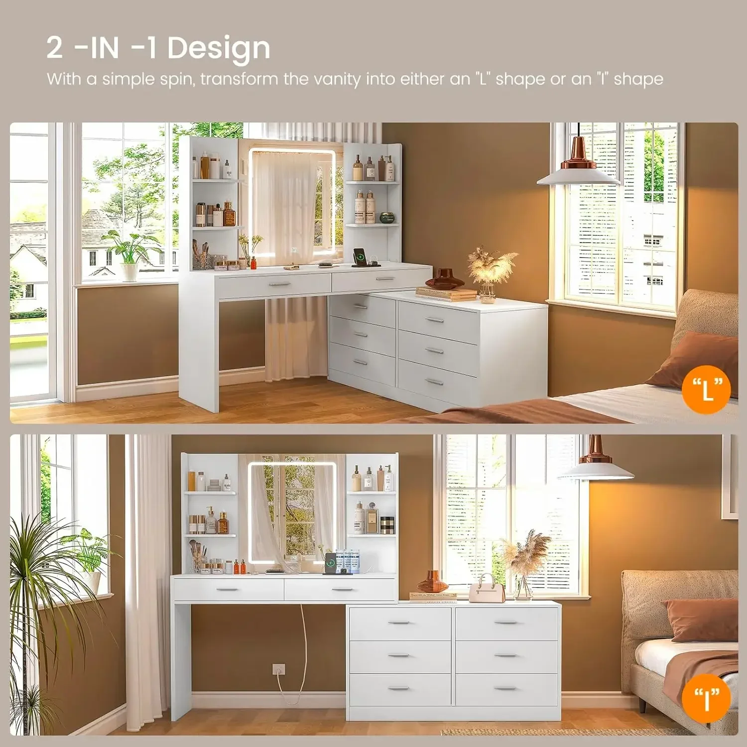 Makeup Desk with LED Light Mirror 8 Drawers, 6 Storage Shelves& Adjustable Brightness Dressing Table, Corner Vanity,White