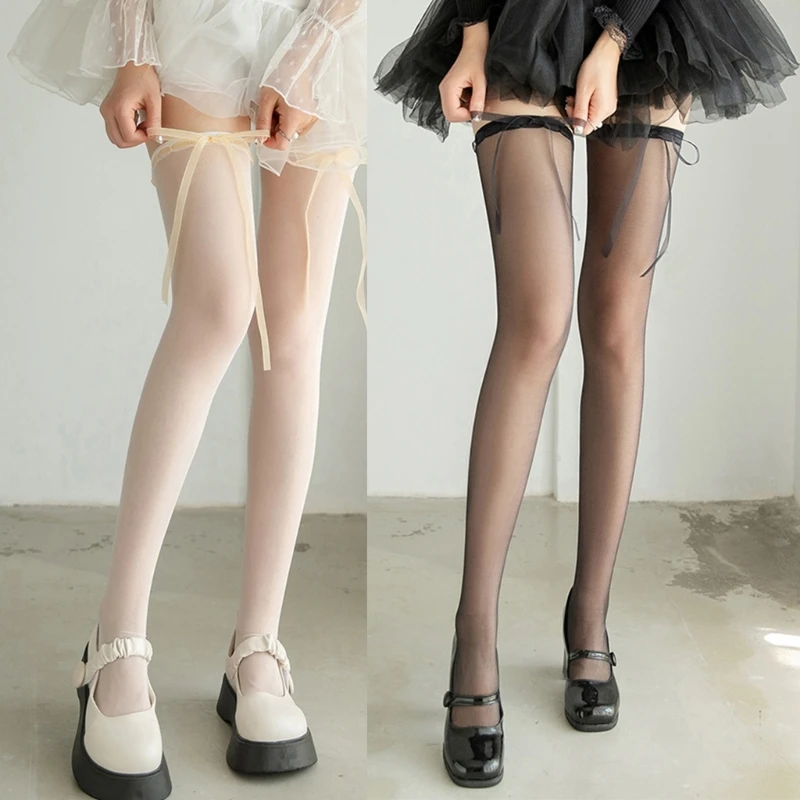 See Through Over Knee Stockings JK Girl Ribbon Bows Silk Thin Thigh High Socks Drop Shipping