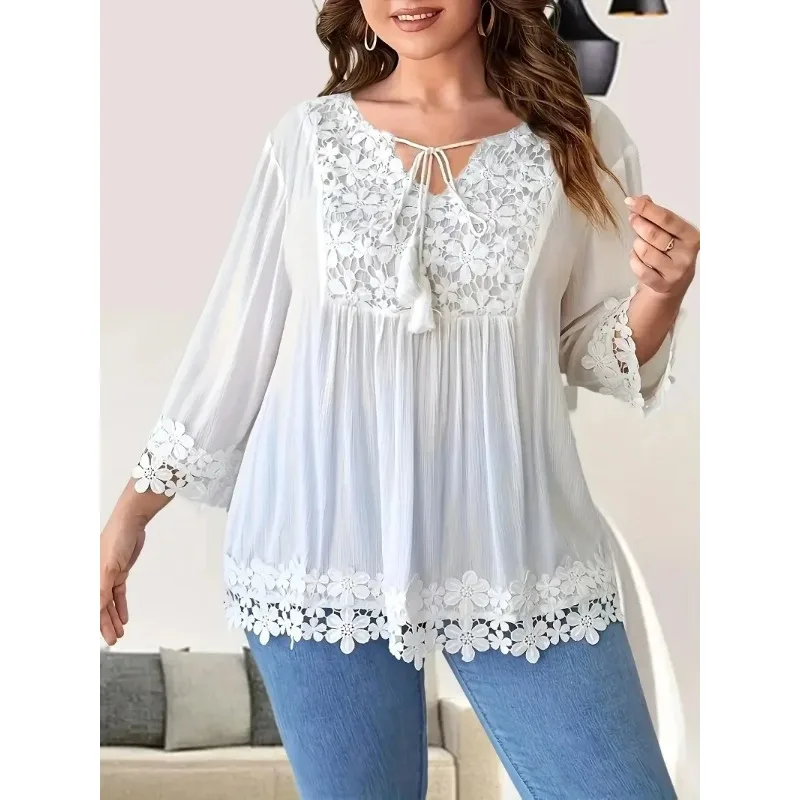 Plus Size 1XL-5XL Women's Casual Solid Color Shirt Ladies Fashion Lace Trim Spring summer Casual Blouse Top