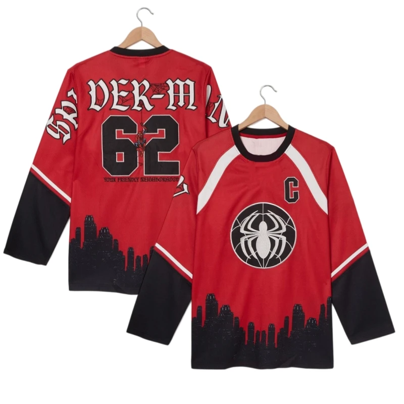 Men Spider‑Themed Hero Graphic Hockey‑Style Long Sleeve Jersey Top Oversized Breathable Mesh City Skyline Street‑Athletic Tops