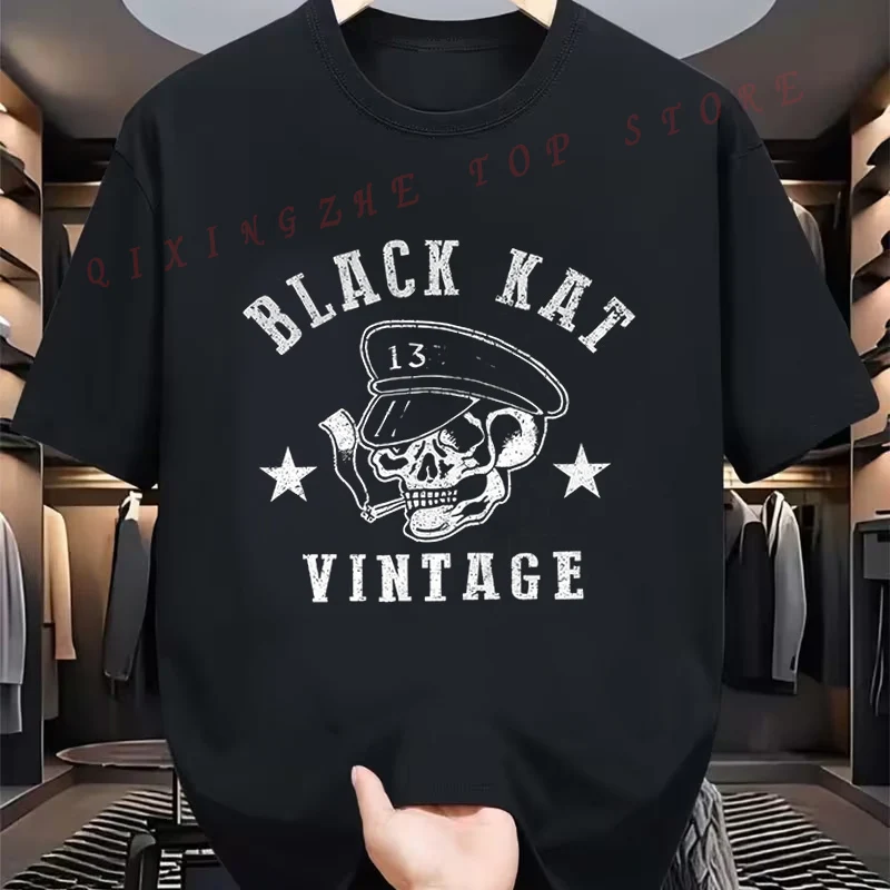 Nice Moto Skull Black Kat Vintage T-shirt Funny Present For Men's Short Sleeve TShirts O-neck Top Tees
