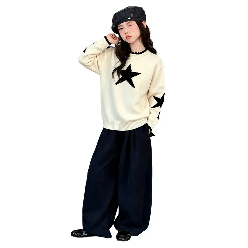 2026 Autumn Winter Girls clothes Stars Baby teenager Kid tops slim sweater lace knitted Korea 4 10 11 12 15 year princess dress