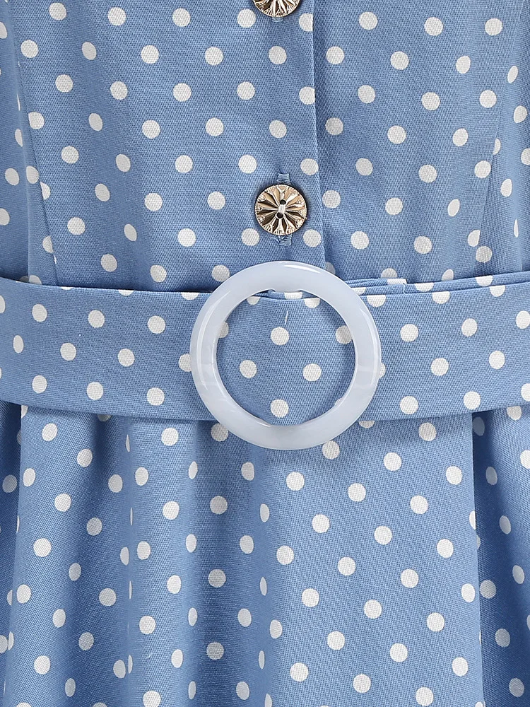 Tonval Retro-Kleider für Damen, 2025, Umlegekragen, Knöpfe vorne, Gürtel, gepunktet, Baumwolle, Rockabilly-Flare-Midikleid – Detail 8