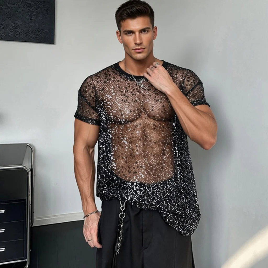 High-end Sequin T-shirt for Man Sexy Mesh Transparent Half-sleeved Loose Men T Shirts DJ Dancer Club Stage Hollow-Out Tees Tops