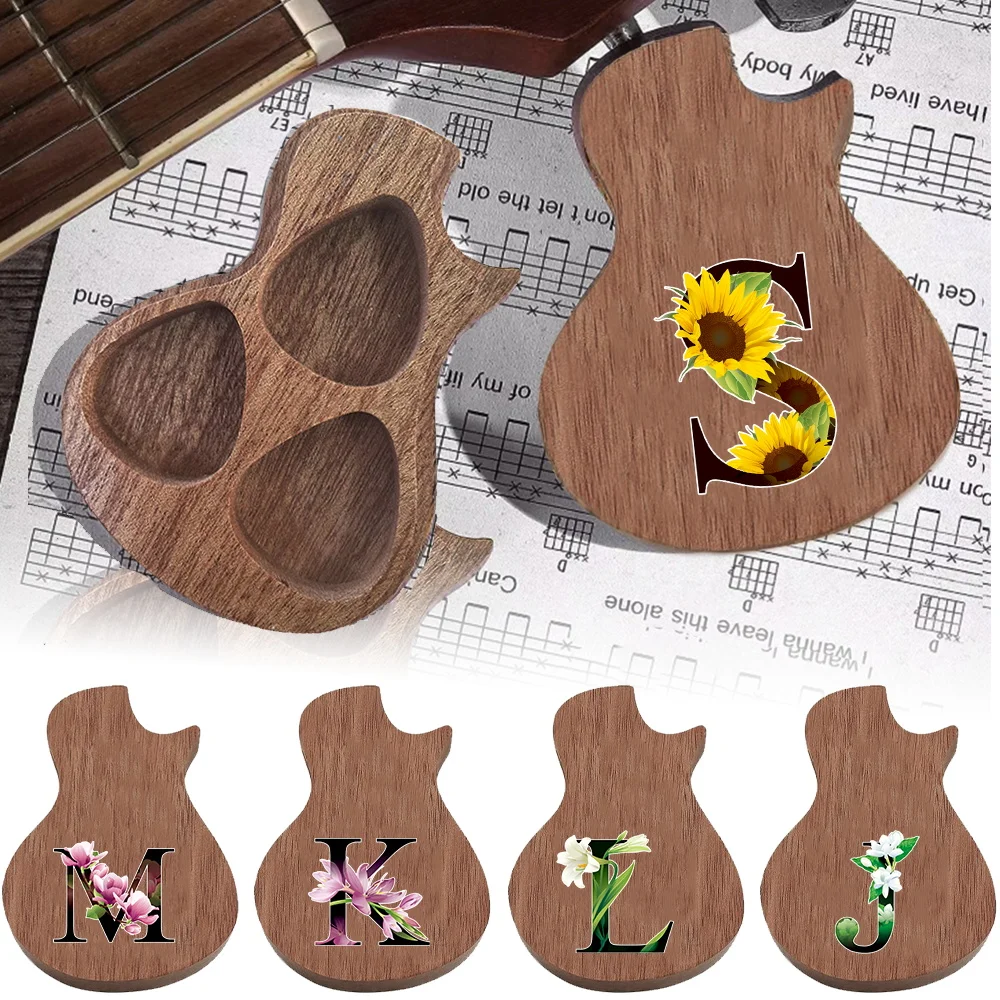 

1pc Wooden Guitar-Shaped Storage Box For Picks Portable Musical Instrument Accessory Case Flower Initial Name 26 Letters Pattern