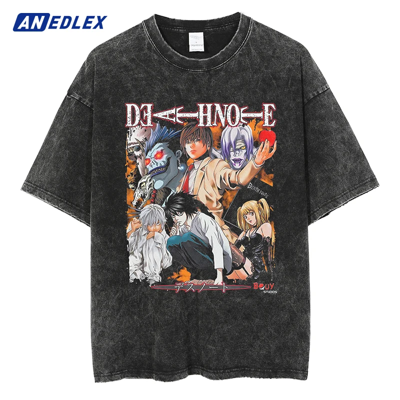 Streetwear Oversize Washed Black T-Shirt Japanese Anime Dead Note Print T Shirt Men Summer Short Sleeve Harajuku Cotton Tshirt