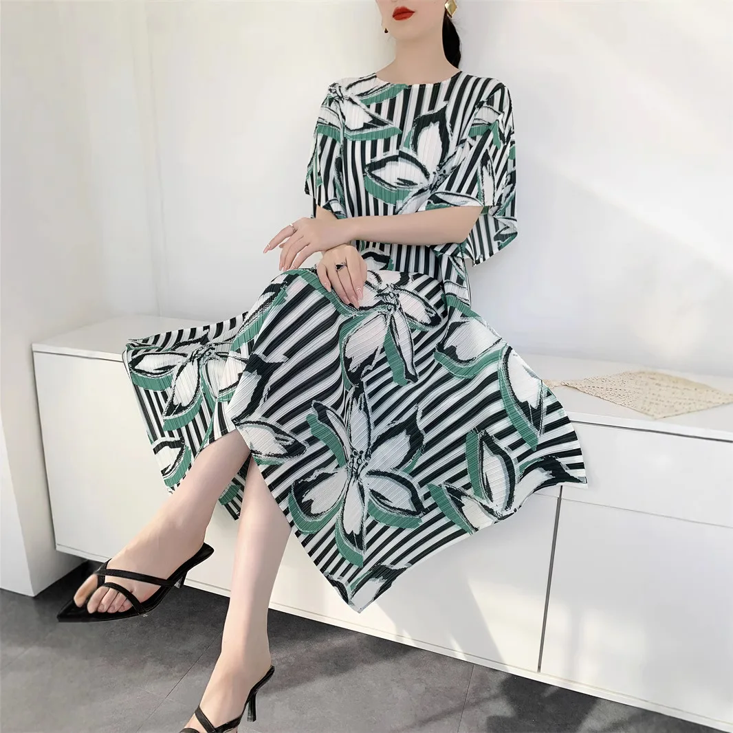 

YUDX Miyake Pleated High Quality Women's Dresses Loose Plus Size Fashion Printing Holiday Style Mid-length Skirt 2025 Summer New