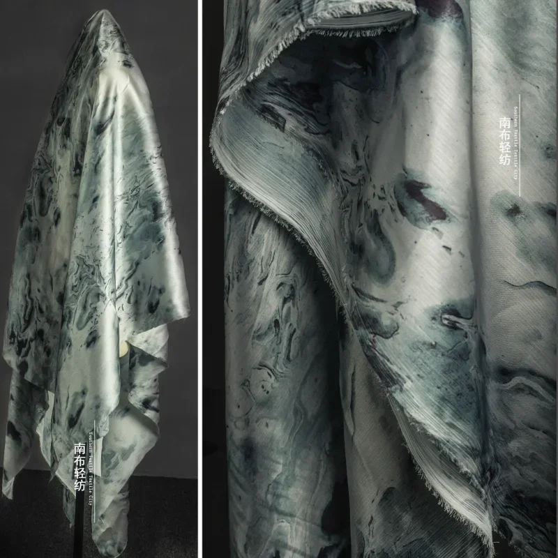 Green Ink Painting Comfortable Soft Printed Chiffon Fabric Hanfu Clothing Cloth for Diy Sewing per Meters Material