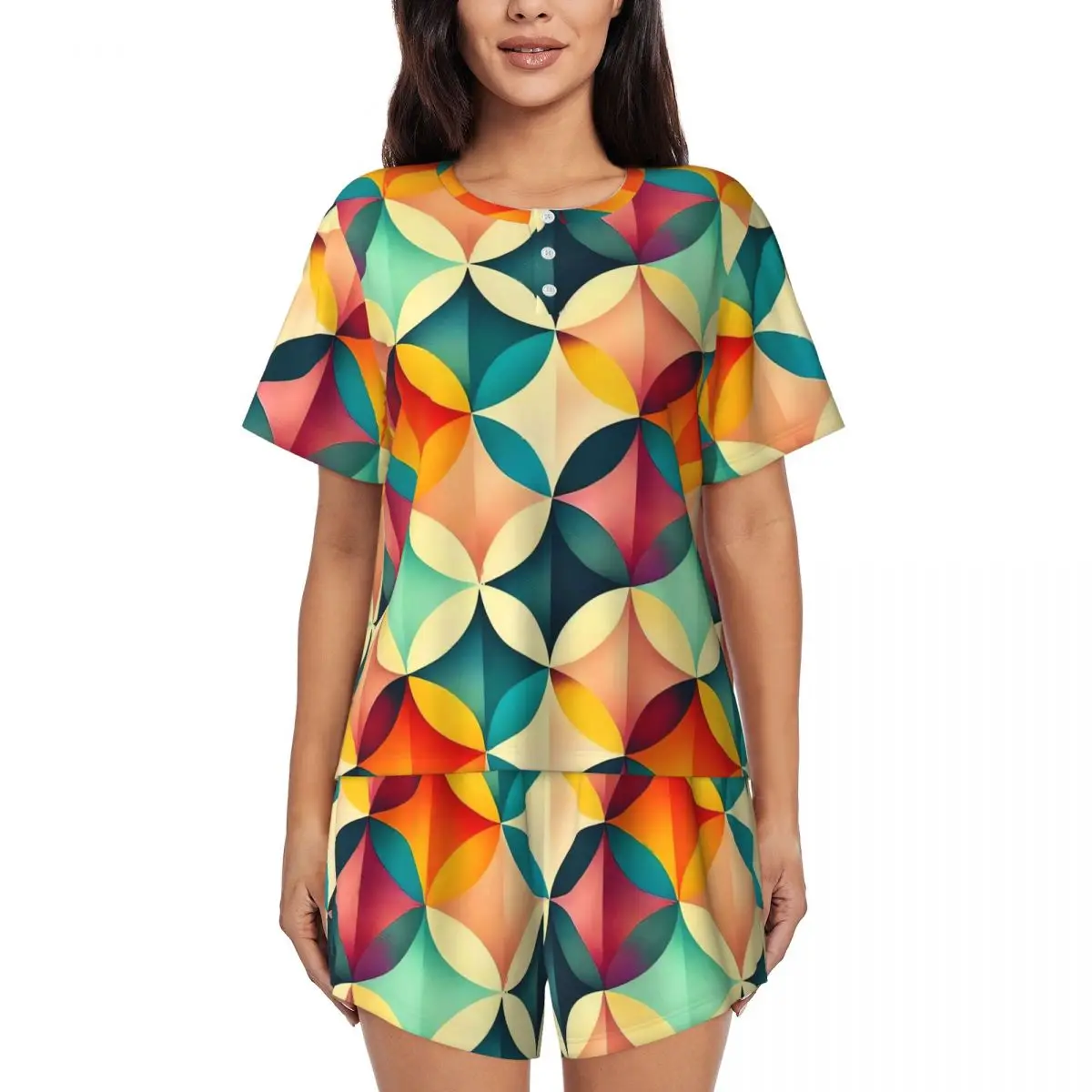 

Color Vintage Geometric Pajamas Abstract Art Casual O Neck Sleepwear Female 2 Pieces Pattern Short Sleeve Cute Pajamas Set