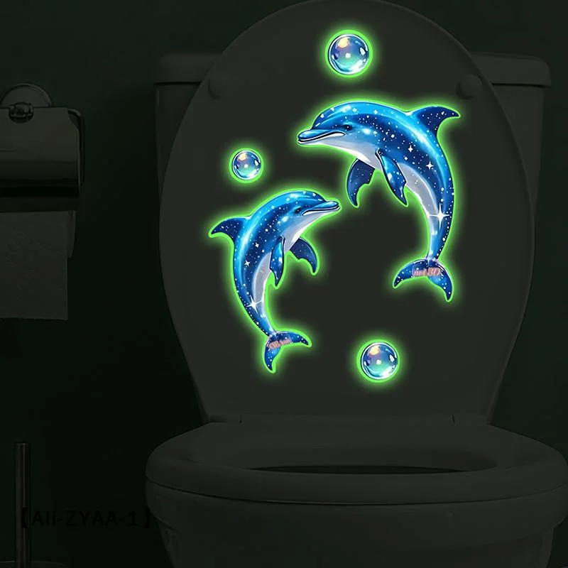 【A】Glow-in-the-Dark Dolphin Toilet Sticker Bath Decor Self-Adhesive Removable Wall Sticker Car Sticker Lights Up At Night