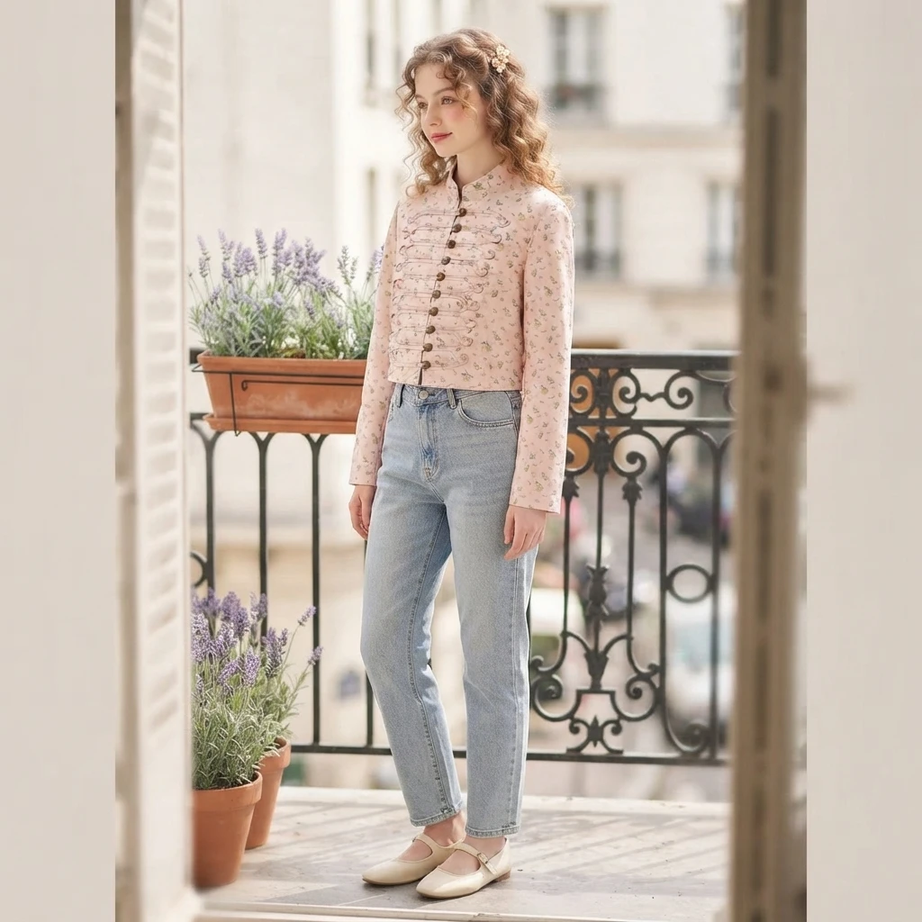 European and American style 2026 women's autumn new fashion long-sleeved stand collar printed slim-fitting suit jacket