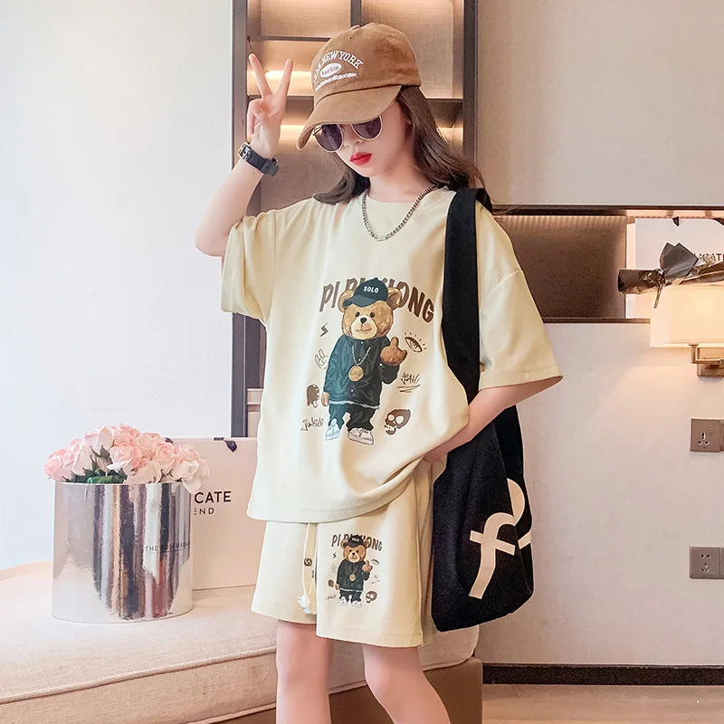 Summer Girls Cotton Cartoon Print T-Shirt Tops+Drawstring Shorts Sets School Kids 2PCS Tracksuit Children Jogging Outfits 7-16Yr