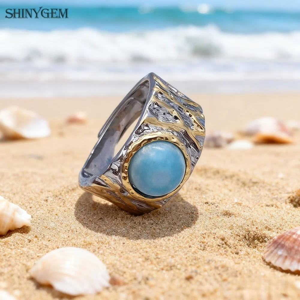 

SHINYGEM Women Natural Stone Ring Larimar Prehnite Amethyst Aquamarine Tiger's Eye Resizable Crystal Wide Ring Vintage Jewelry