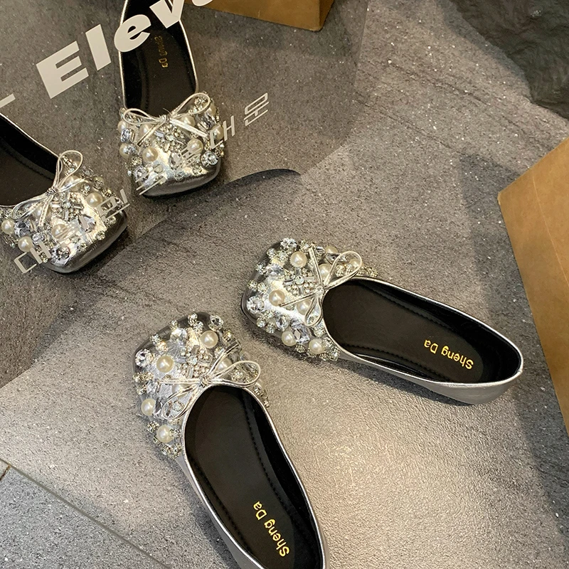 Plus Size Rhinestone Gold Wedding Shoes Bridal Shoes Comfortable Flat Square Toe Shoes for Women