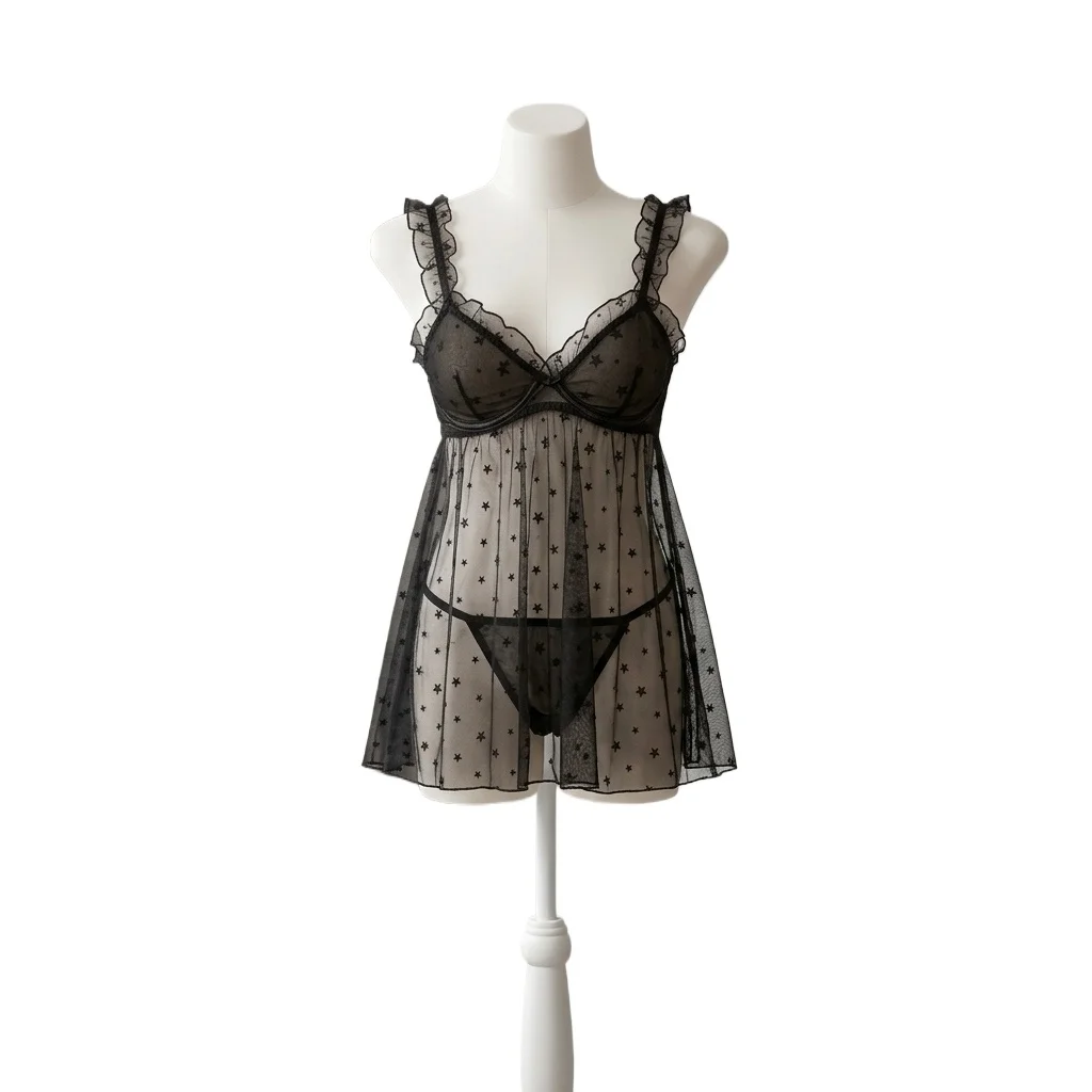 2026 New Ladies  Halter Nightgown  Lingerie Panty Set Halter Lace Pajamas  Steel Brace Gathered American Style Set
