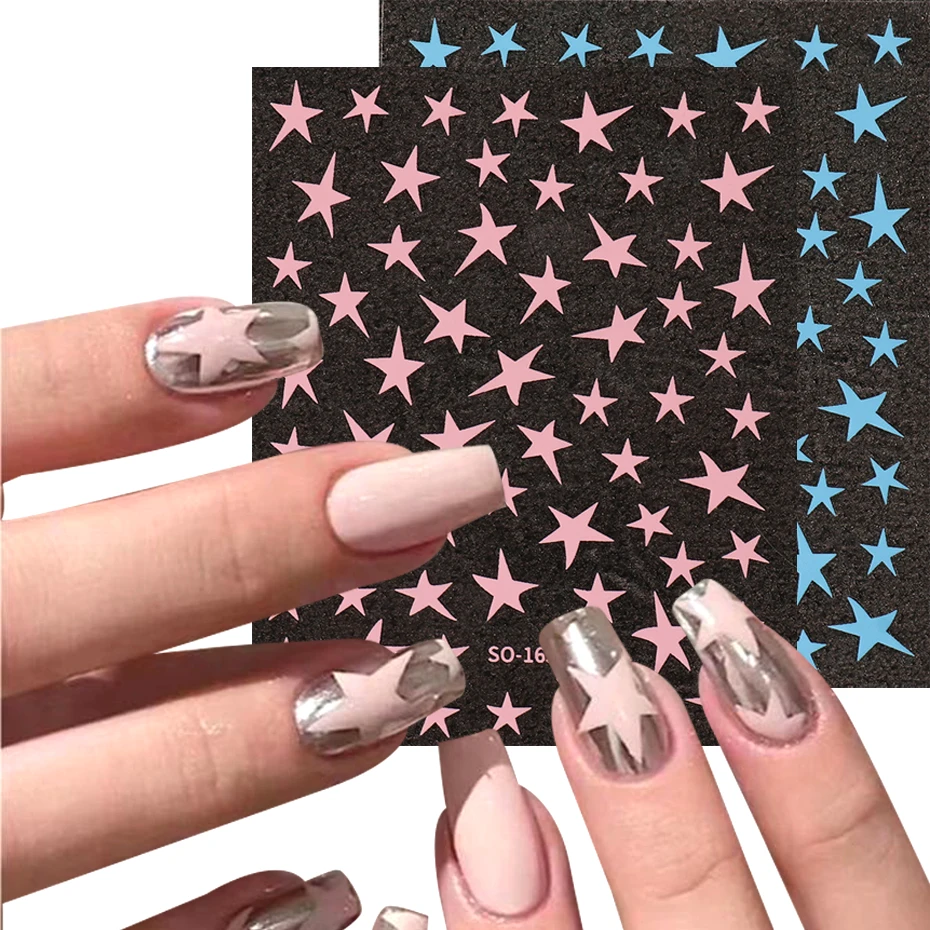 3D Pink Sliver Stars Nails Stickers Bronzing Laser White Y2K Adhesive Kawaii Star Series Sliders Decals Manicure Decorations