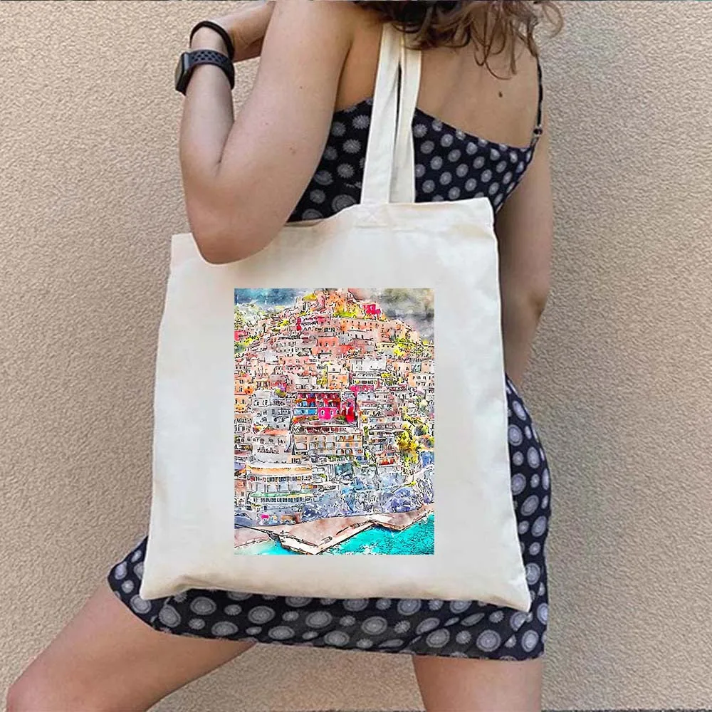 The Colosseum Duomo Rome Italy Burano Milan Cinque Terre Watercolor Painting Shopper Shoulder Canvas Tote Bag Shopping Handbags