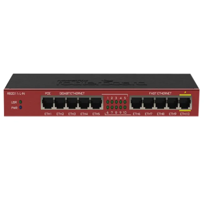 The original Mikrotik router board RB2011IL-IN  has 5 Gigabit Ethernet ports, 5 fast Ethernet port routers and 4-level routers