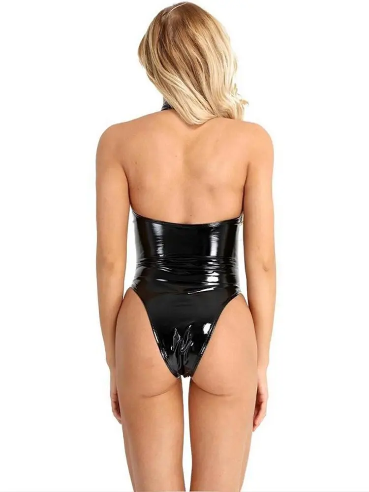 S-4XL Costume da bagno senza schienale con scollo all'americana Lucido finta pelle PU con cerniera con apertura sul cavallo Body effetto bagnato PVC Orsacchiotti Collant Clubwear sexy