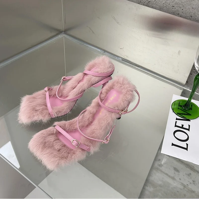 Shearing Rabbit Fur Square Toe Stiletto  Heels Sandals  Ankle Strap Hollow Buckle  Fashion Women New Arrival Summer Party Shoes