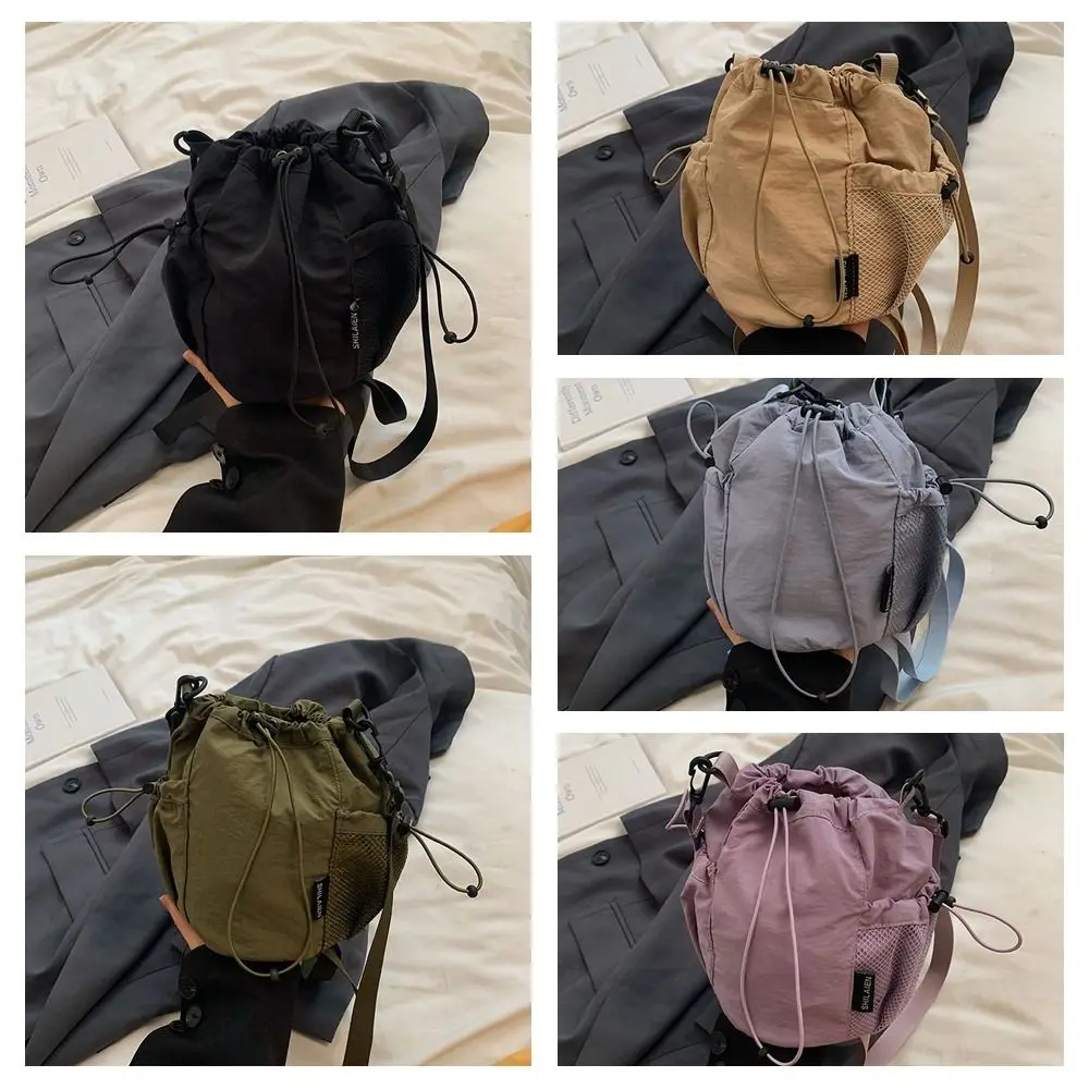 Korean Style Drawstring Bucket Bag Solid Color Large Capacity Nylon Crossbody Bag Mesh Adjustable Shoulder Strap Shoulder Bag