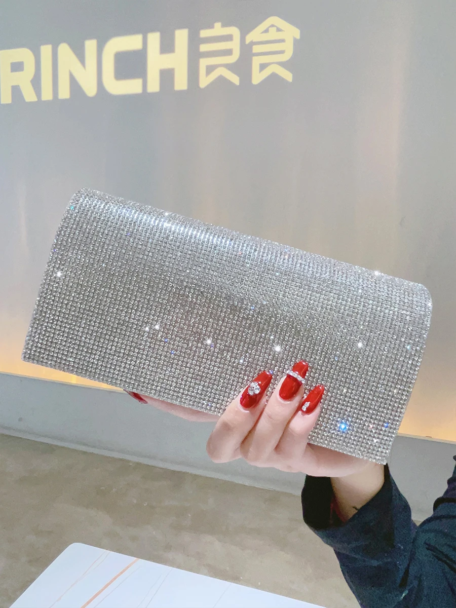 Glitter Clutch Rhinestone Purses For Women Evening Clutches Flap Envelope Handbags Large Wedding Party Prom Silver Crossbody Bag