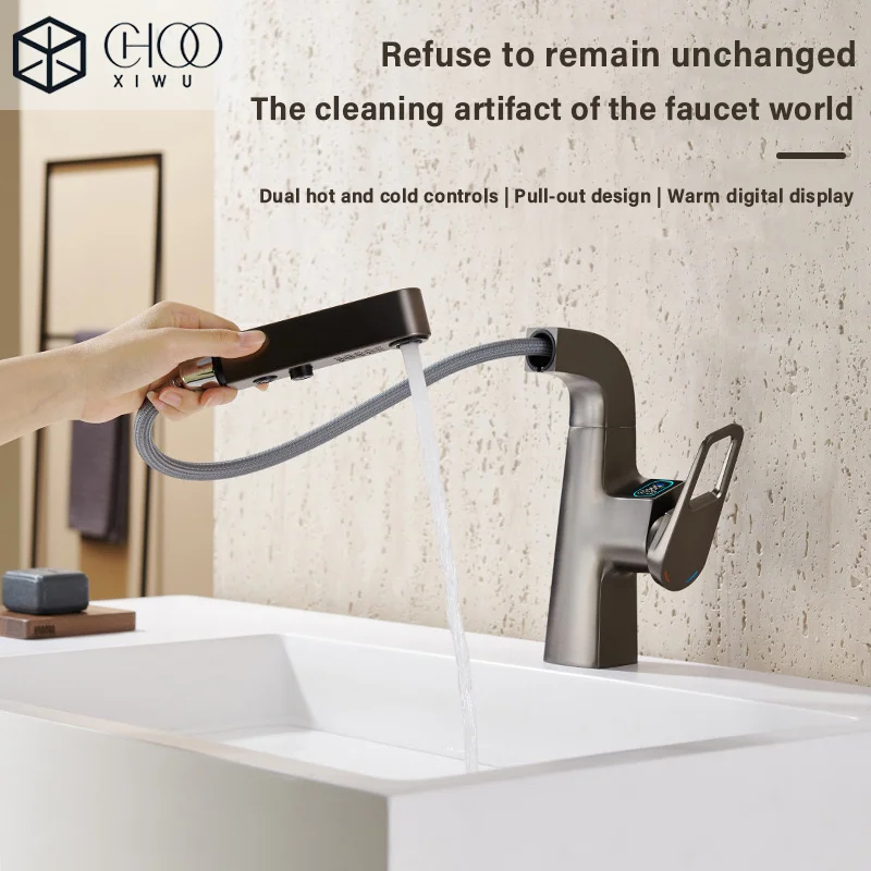 

Bathroom all-copper pull-out basin faucet, intelligent digital display, hot and cold dual control, 360° rotation,
